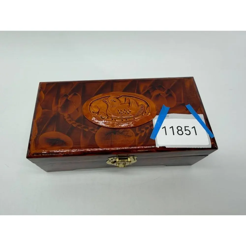 Chinese Carved Wood Jewelry Box Duck Lotus Red Silk Lined Brass Latch
